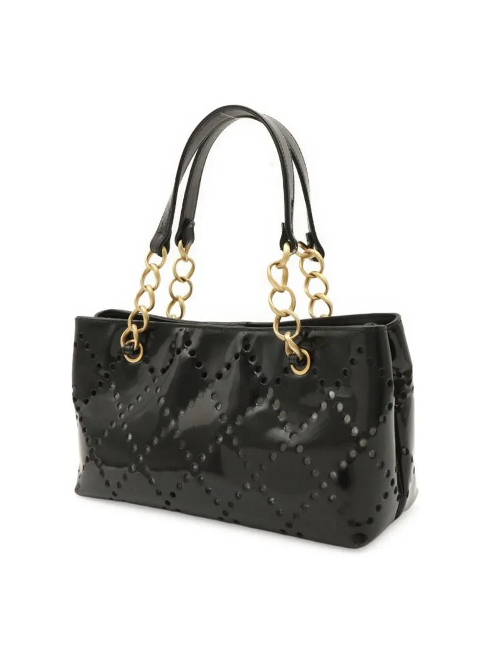Chanel CC Logo Perforated Chain Tote Shoulder Bag Enamel Patent Leather Black